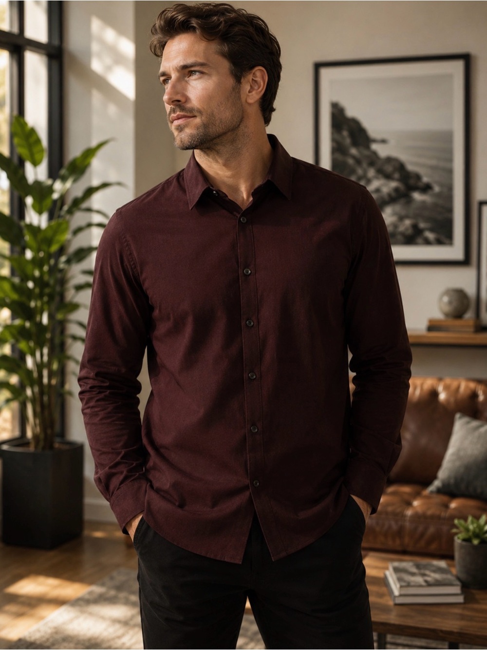 Calvin Klein Liquid Touch Men’s Button-Up Shirt Burgundy XXL Soft Cotton